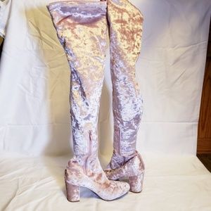 PINK THIGH HIGH OVER THE KNEE CRUSHED VELVET BOOTS